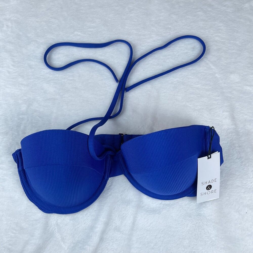 Shade & Shore Bikini Top Womens Size 36B Blue Lightly Lined Ribbed Halter Neck